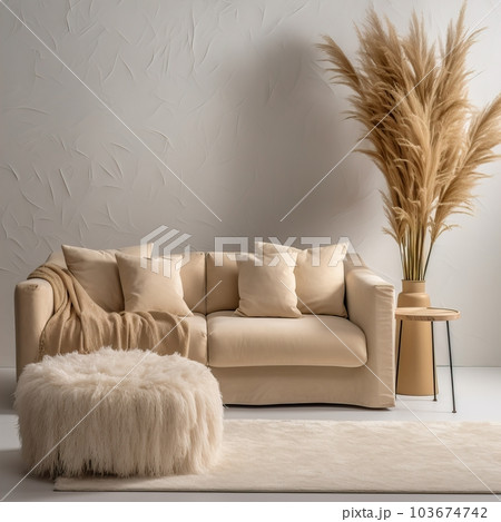 Contemporary home interior with sofa, folded blanket and pillows, detailed room decor, empty wall mockup Contemporary home interior with sofa, folded blanket and pillows, detailed room decor, empty wall mockup 103674742