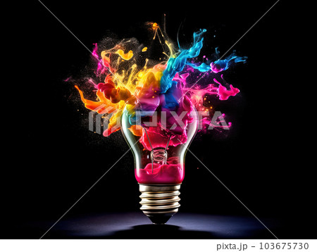 Creative light bulbs explode with colorful paint and splash on a black background Creative light bulbs explode with colorful paint and splash on a black background 103675730