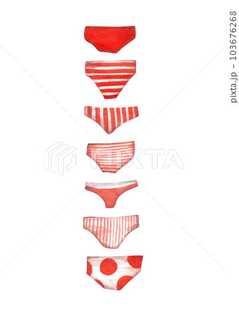 A set of seven women's panties with different prints: stripes or polka dots. Light orange color. Fashion illustration A set of seven women's panties with different prints: stripes or polka dots. Light orange color. Fashion illustration 103676268