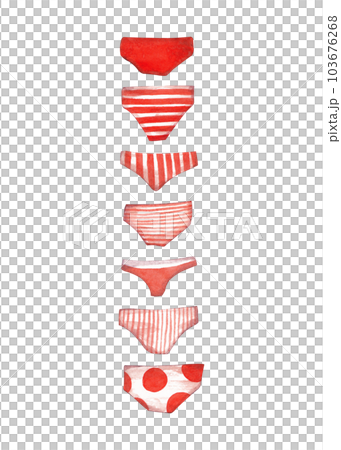 A set of seven women's panties with different prints: stripes or polka dots. Light orange color. Fashion illustration A set of seven women's panties with different prints: stripes or polka dots. Light orange color. Fashion illustration 103676268