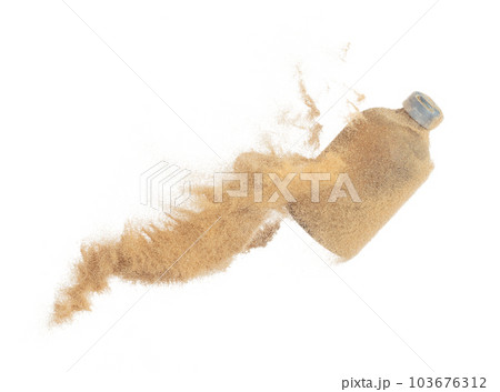 Cosmetic container white bottle fly splashing in mid air. Moisturizer lotion cream bottle explosion flying with sand powder dust under dry sun. White background isolated high speed shutter freeze 103676312