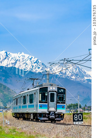 大糸線 北アルプスを背景に春の野を走る列車　（安曇沓掛～信濃常盤） 103676785