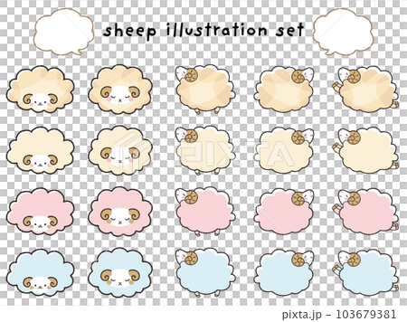 Simple and cute fluffy sheep and speech bubble illustration set Simple and cute fluffy sheep and speech bubble illustration set 103679381
