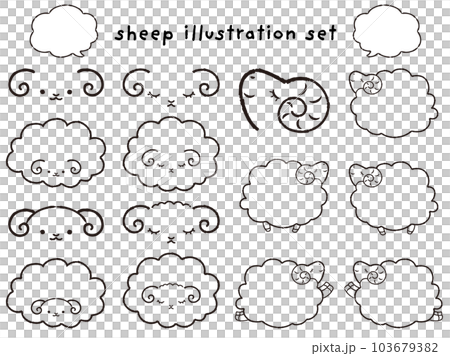 Simple and cute Mokomoko sheep and speech bubble illustration set (black and white line drawing) Simple and cute Mokomoko sheep and speech bubble illustration set (black and white line drawing) 103679382