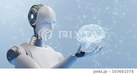 手のひらの上のホログラムの頭脳を見つめるアンドロイド / 進化するAI・人工知能のコンセプトイメージ 手のひらの上のホログラムの頭脳を見つめるアンドロイド / 進化するAI・人工知能のコンセプトイメージ 103681078