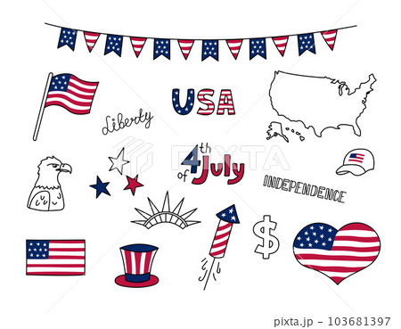 USA doodles set. United States of America vector design elements isolated on white background. Collection of US national symbols. Independence Day. American flag, liberty statue, July 4, eagle 103681397