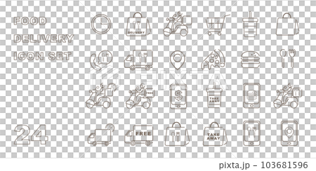 關於送餐、送貨方式和購物的線圖標集 103681596