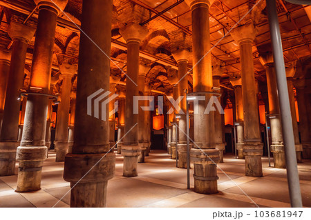 Beautiful cistern in Istanbul. Cistern - underground water reservoir build in 6th century, Istanbul, Turkey, Turkiye Beautiful cistern in Istanbul. Cistern - underground water reservoir build in 6th century, Istanbul, Turkey, Turkiye 103681947