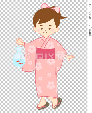 一個穿著浴衣的女孩在節日里撈金魚和金魚一起散步 一個穿著浴衣的女孩在節日里撈金魚和金魚一起散步 103682983
