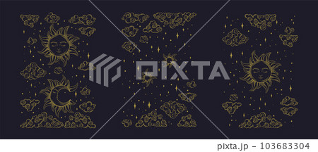 Tarot sun and moon patterns. Spiritual tarot ornaments with celestial and antique symbols. Vector illustration 103683304