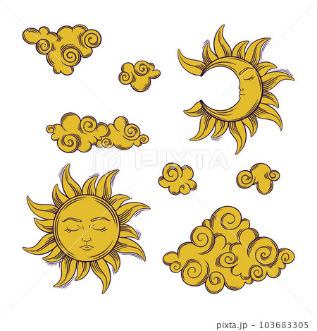 Tarot esoteric sun, crescent moon and clouds. Tarot set with golden celestial symbols. Vector illustration 103683305