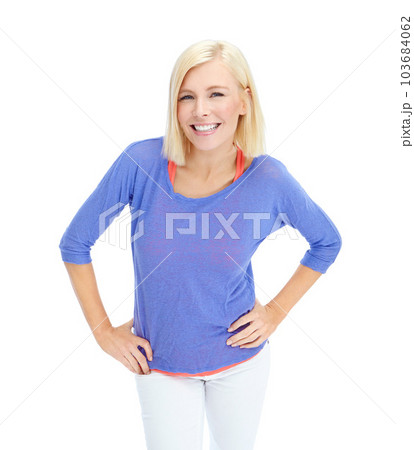 Leaning in so she can hear you better. A beautiful young blond woman with her hands on her hips isolated on a white background. Leaning in so she can hear you better. A beautiful young blond woman with her hands on her hips isolated on a white background. 103684062