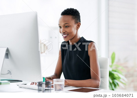 Business, computer and happy black woman in office, smile and typing email on light background. Research, creative and African lady graphic designer online for planning, homepage and idea inspiration 103684071