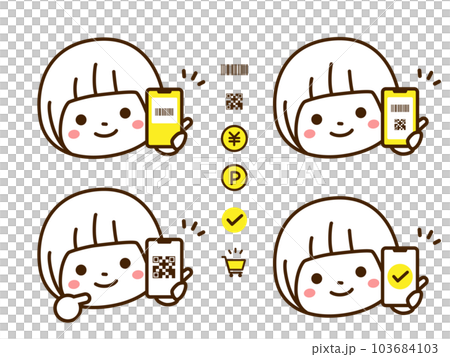 一個女孩展示智能手機屏幕並指著 103684103