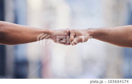 Closeup, people and hands in fist bump of success, winning and power of teamwork, respect or pride. Friends, hand and emoji of collaboration, motivation and celebrate solidarity, trust or cooperation Closeup, people and hands in fist bump of success, winning and power of teamwork, respect or pride. Friends, hand and emoji of collaboration, motivation and celebrate solidarity, trust or cooperation 103684174