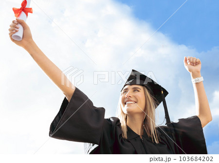 Happy graduation, diploma and woman on sky background for success, celebration and scholarship. Happy graduate, education certificate and excited for university goals, award and motivation for future 103684202