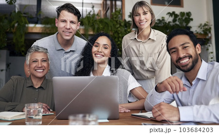 Portrait, team and business people with a laptop, planning and discussion for new project, profit growth or share ideas. Face, staff or group in office, tech and device for research and brainstorming 103684203