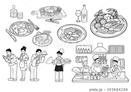 Hand Drawn chef with food collection in flat style illustration for business ideas 103684289