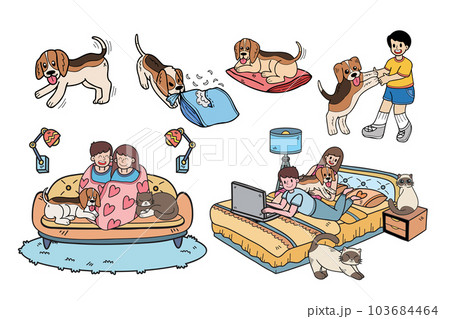 Hand Drawn beagle dog and family collection in flat style illustration for business ideas 103684464