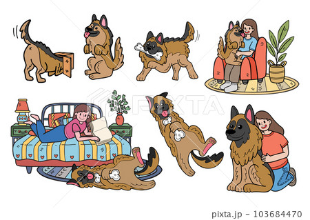 Hand Drawn German Shepherd Dog and family collection in flat style illustration for business ideas 103684470