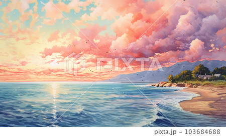 夏の海と空の水彩画