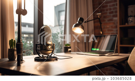 A wireless microphone on the table ready to use for the interview or podcast with Ai Generated 103685028