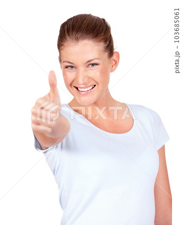 Happy woman, portrait smile and thumbs up for good job, winning or success against a white studio background. Female person smiling showing thumb emoji, yes sign or like for approval or agreement 103685061