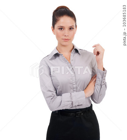 Employee, serious and portrait of business woman feeling confident, assertive and isolated in a studio white background. Corporate, professional and female worker or entrepreneur ready for work 103685183