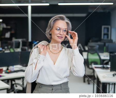 Portrait of an attractive mature caucasian woman in the office. Portrait of an attractive mature caucasian woman in the office. 103686116