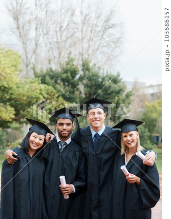 Theyve forged lifelong bonds. A group of college graduates standing in cap and gown and holding their diplomas. Theyve forged lifelong bonds. A group of college graduates standing in cap and gown and holding their diplomas. 103686157