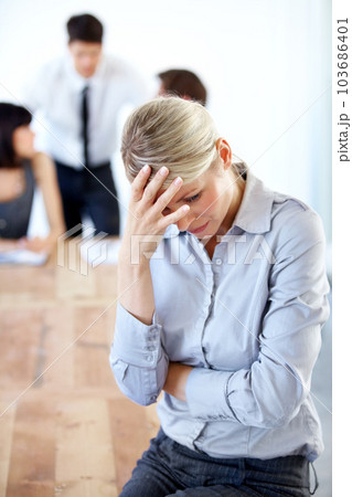 Business, stress and woman with a headache, burnout and anxiety with a deadline, schedule and new project. Female person, employee and consultant with a migraine, anxious and overworked at the office 103686401