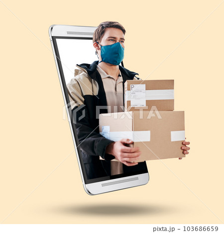 Phone, man and 3d box for delivery, logistics or face mask for safety from covid by studio background. Logistics professional, boxes or smartphone ux for product, transport or job at shipping company Phone, man and 3d box for delivery, logistics or face mask for safety from covid by studio background. Logistics professional, boxes or smartphone ux for product, transport or job at shipping company 103686659