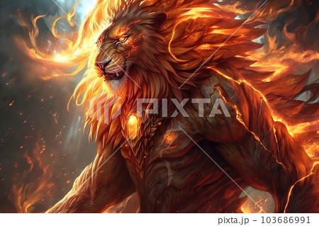Image of an angry lion and flames. Wildlife Animals. Illustration. Generative AI. Image of an angry lion and flames. Wildlife Animals. Illustration. Generative AI. 103686991