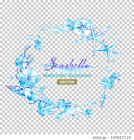 貝殼水彩插圖。帶有海洋形象的夏季圓形框架裝飾。 （矢量。佈局多變） 103687119