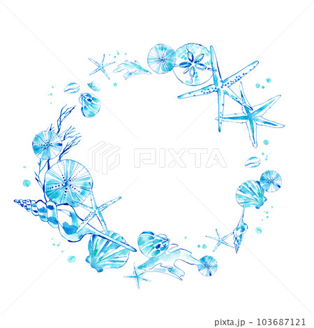 貝殻の水彩イラスト。海をイメージした夏円形フレーム装飾。 103687121
