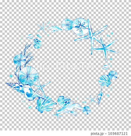 Seashell watercolor illustration. Summer circular frame decoration with the image of the sea. 103687121