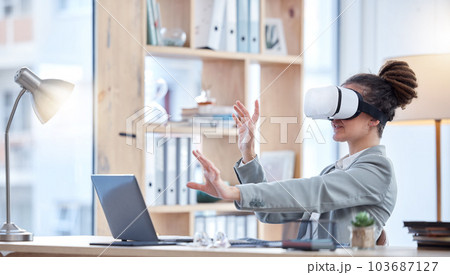 VR, laptop and woman in office interaction, futuristic software and cyberpunk experience in online business. Virtual reality glasses, high tech and electronics of professional person in 3D metaverse 103687127