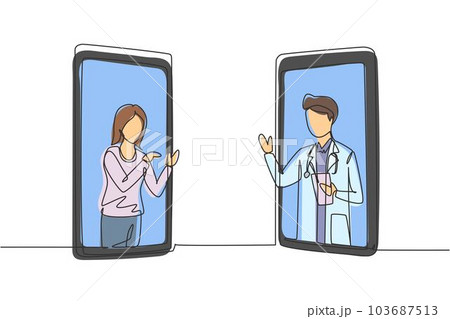 Single continuous line drawing two smartphones face to face and contain female patient and male doctor with their bodies as if coming out of a smartphone. Dynamic one line draw graphic design vector 103687513