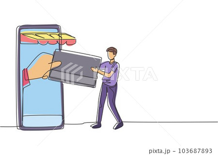 Single continuous line drawing young man inserting credit card into canopy smartphone screen and accepted by hand. Digital payment concept. Dynamic one line draw graphic design vector illustration Single continuous line drawing young man inserting credit card into canopy smartphone screen and accepted by hand. Digital payment concept. Dynamic one line draw graphic design vector illustration 103687893