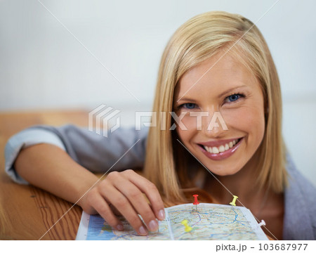 Travel agent, map pin and portrait of happy woman planning sightseeing destination, holiday location or world tour adventure. Tourism agency, service and face of person smile for transport route plan Travel agent, map pin and portrait of happy woman planning sightseeing destination, holiday location or world tour adventure. Tourism agency, service and face of person smile for transport route plan 103687977