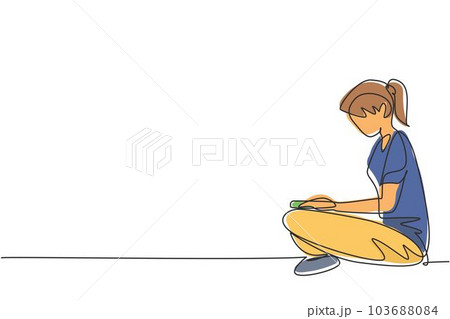 Single one line drawing young female reading, learning and sitting on floor. Study in library. Intelligent student, education concept. Modern continuous line draw design graphic vector illustration Single one line drawing young female reading, learning and sitting on floor. Study in library. Intelligent student, education concept. Modern continuous line draw design graphic vector illustration 103688084