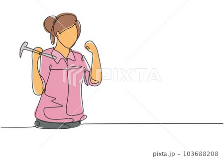 Single continuous line drawing female carpenter with celebrate gesture works in workshop making wooden products. Skills in using carpentry tools. One line draw graphic design vector illustration 103688208