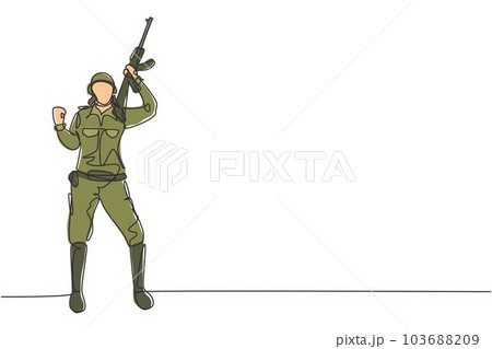 Single one line drawing female soldier stands with celebrate gesture, weapon and full uniform serving country with strength of military forces. Continuous line draw design graphic vector illustration 103688209