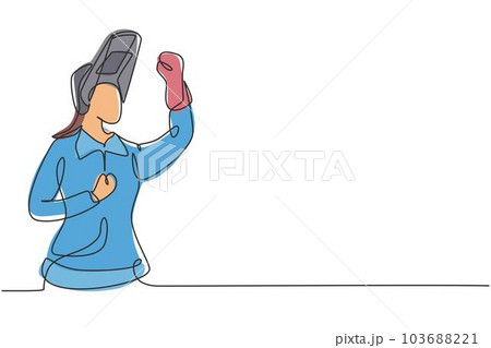 Single continuous line drawing female welder with celebrate gesture works in construction of building forming steel frame that is melted by fire. One line draw graphic design vector illustration 103688221