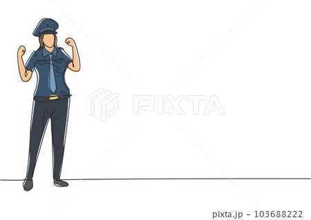 Single one line drawing female pilot stands with celebrate gesture and complete uniform serves airplane passengers fly to destination. Modern continuous line draw design graphic vector illustration 103688222