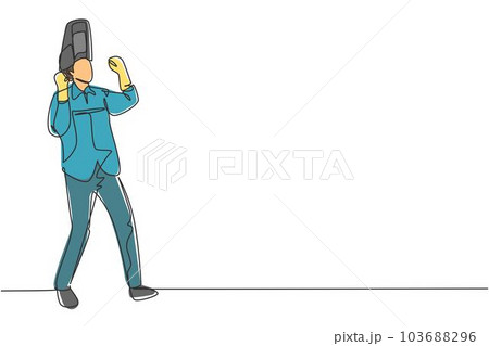 Continuous one line drawing welder stands with celebrate gesture and face shield is removed ready to work in his iron workshop. Successful business. Single line draw design vector graphic illustration Continuous one line drawing welder stands with celebrate gesture and face shield is removed ready to work in his iron workshop. Successful business. Single line draw design vector graphic illustration 103688296