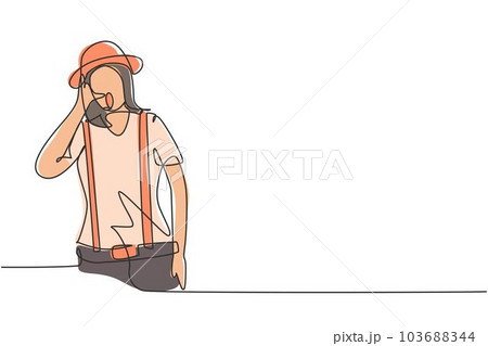 Single continuous line drawing female mime artist with call me gesture and white face make-up puts on a silent motion comedy show at circus arena. One line draw graphic design vector illustration Single continuous line drawing female mime artist with call me gesture and white face make-up puts on a silent motion comedy show at circus arena. One line draw graphic design vector illustration 103688344