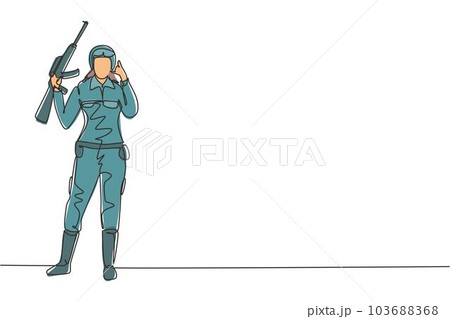 Continuous one line drawing female Soldier stands with weapon, uniform, and call me gesture serving the country with strength of military forces. Single line draw design vector graphic illustration 103688368