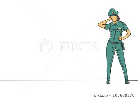 Single one line drawing policewoman standing with call me gesture and full uniform works to control vehicle traffic on highway. Standby patrol. Continuous line draw design graphic vector illustration 103688370