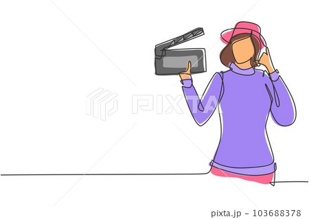 Single one line drawing female film director with call me gesture holding clapperboard and set the crew for studio shooting. Professional work. Continuous line draw design graphic vector illustration Single one line drawing female film director with call me gesture holding clapperboard and set the crew for studio shooting. Professional work. Continuous line draw design graphic vector illustration 103688378